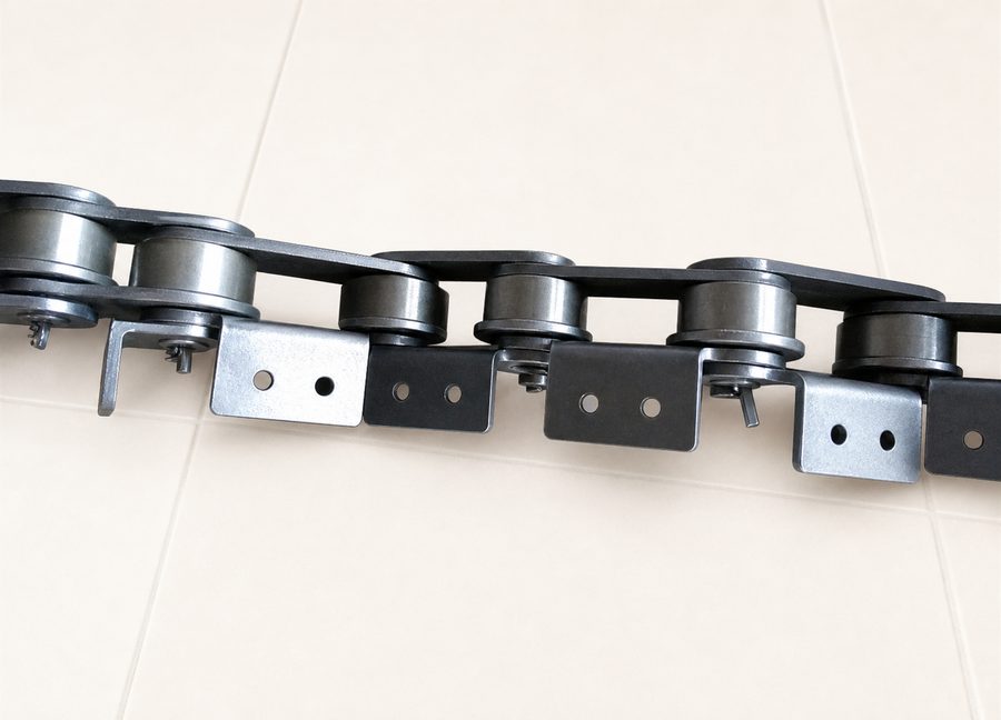Attachment conveyor chain with custom side fittings